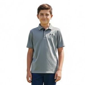 Under Armour Polo Short Sleeve Sporty Shirt Gray Youth Boy Large Loose Heatgear